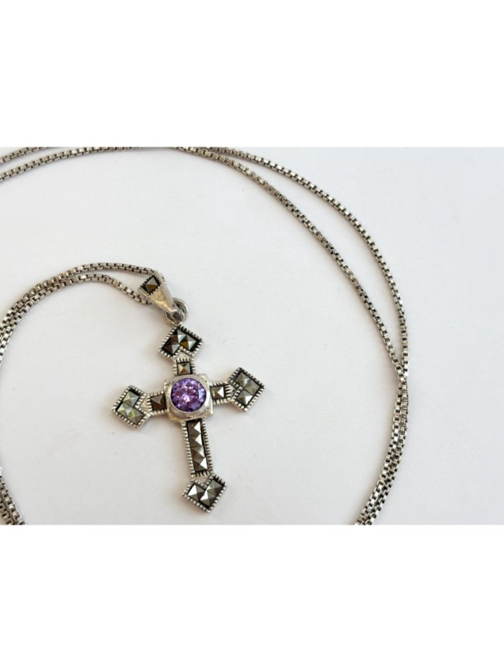 Art Deco Amethyst & Marcasite Sterling Silver 925 Vintage Pendant Necklace - 20" - Picture 7 of 16